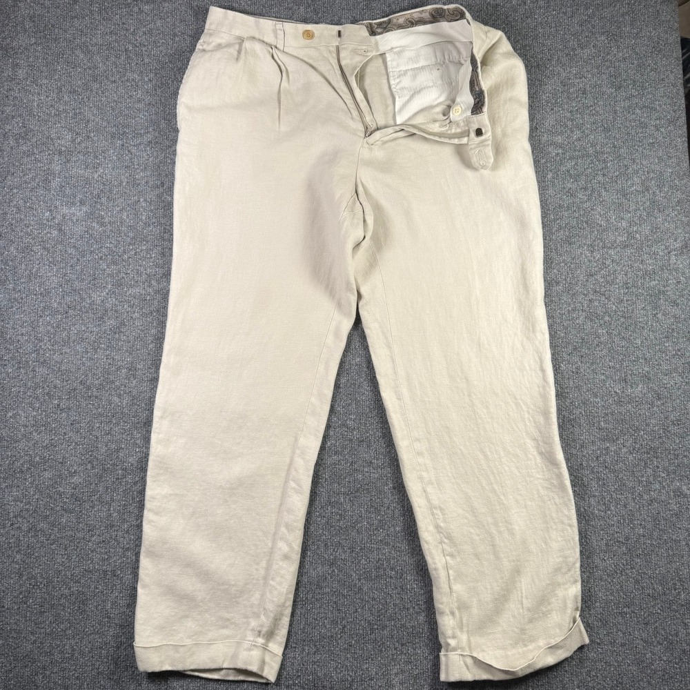 Lauren Ralph Lauren Linen Trousers Mens 34W x 30L Beige Pleated Cuffed Pants